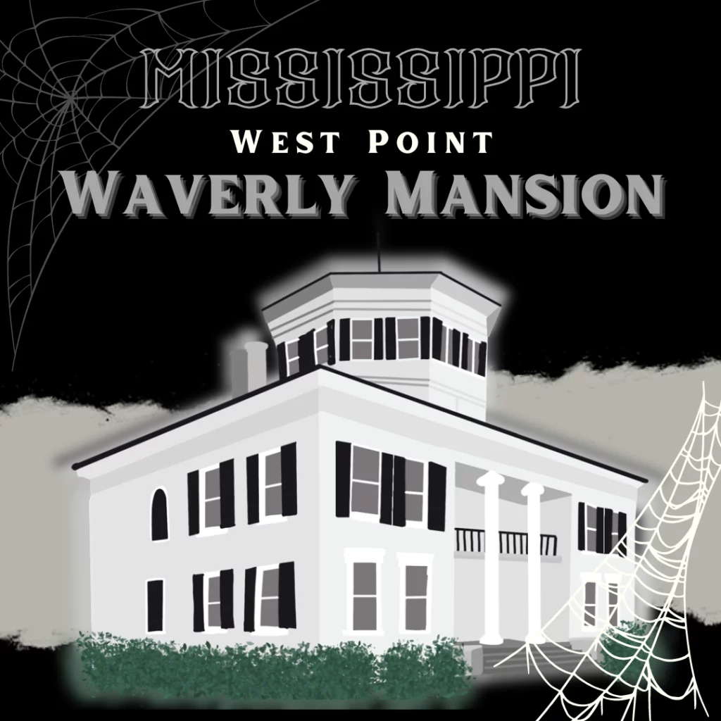 A big cream mansion and spider webs. It’s a drawing of Waverly Mansion, the most haunted place in Mississippi.