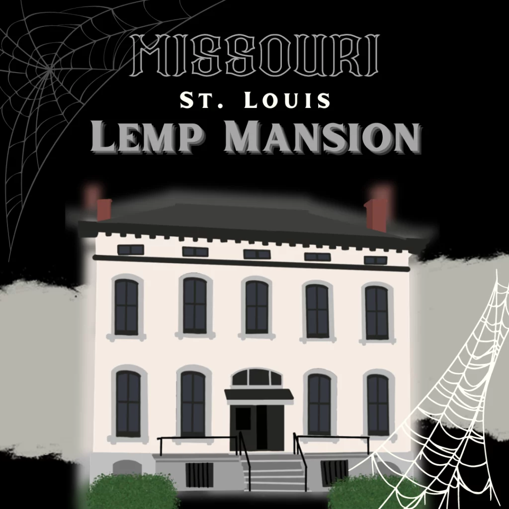 A cream two-story mansion. It’s a drawing of infamous Lemp Mansion, the most haunted place in Missouri.