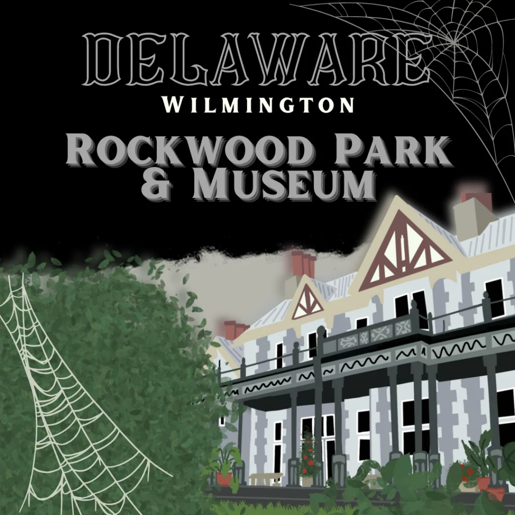 A large building with plenty of plants. It’s a drawing of The Rockwood Park & Museum, the most haunted place in Delaware.