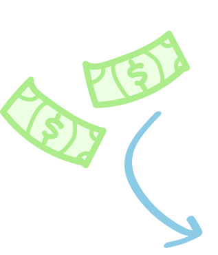 Flying green money next to a blue curved arrow