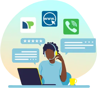Woman talking to a client while working on the computer