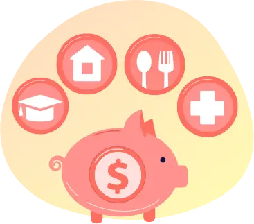Piggy bank below several icons that represent education, home, food and health