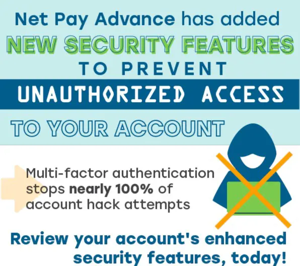 Icon of a hooded man on a laptop with a big orange X over them both. Blue and green text says “Net Pay Advance has added new security features to prevent unauthorized access to your account. Multi-factor authentication stops nearly 100% of account hack attempts. Review your account’s enhanced security features, today!”