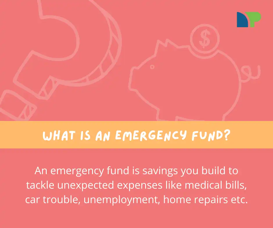 The question "What is an emergency fund?" is asked in white text on an orange and pink background. 