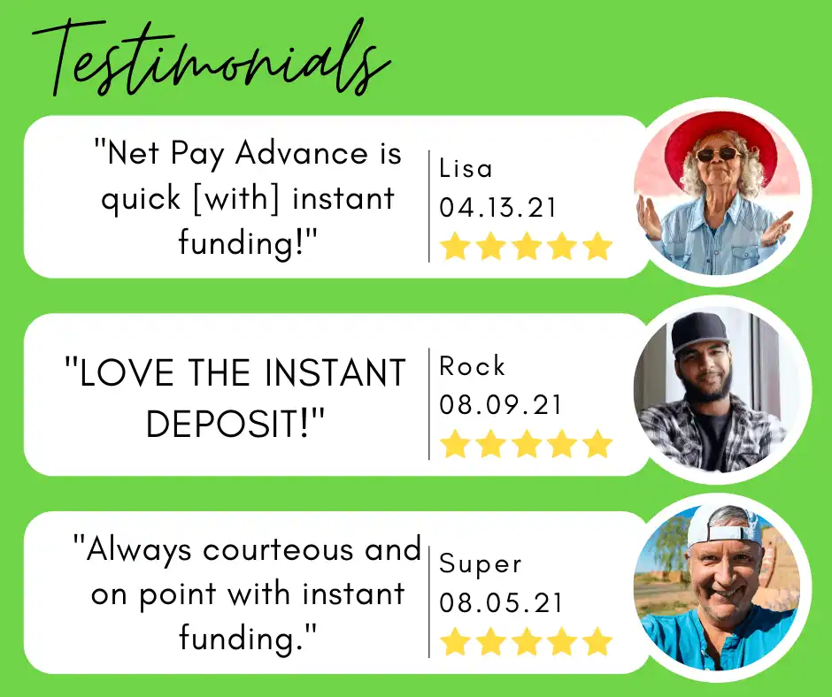 Three reviews of people saying they're happy with our same day funding or instant funding. 