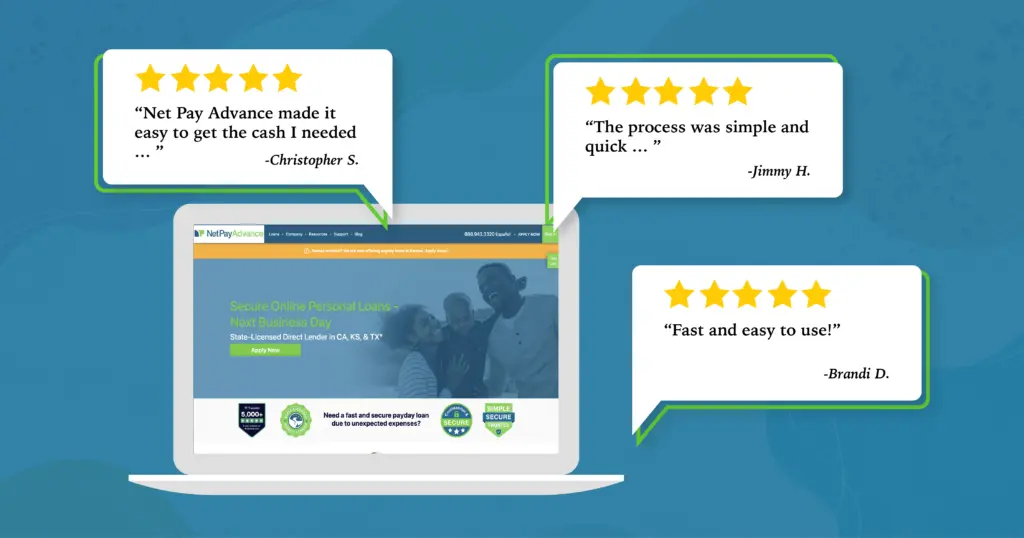 5-star reviews of Net Pay Advance on laptop computer