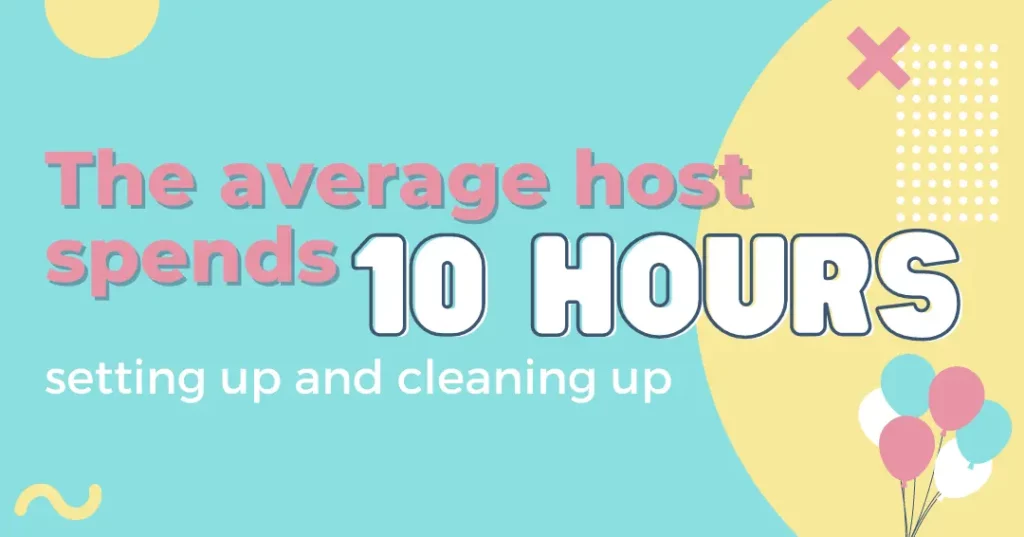 Yellow and blue geometric shapes with pink text ”the average host spends 10 hours setting up and cleaning up”