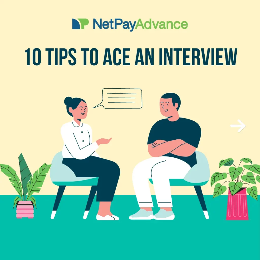 Illustration of woman and man sitting down having a conversation. Floor is teal. Wall is yellow. Blue text says "10 tips to ace an interview"