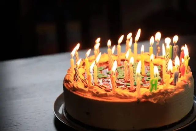 Birthday cake with candles lit