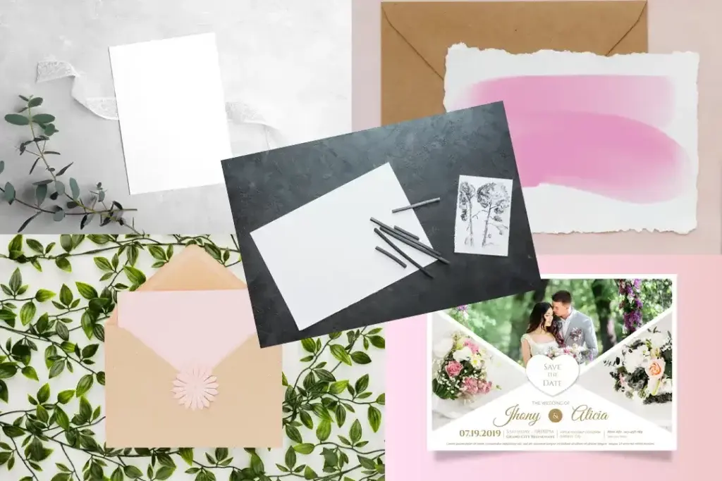 collage of wedding invitations designed digitally and hand made