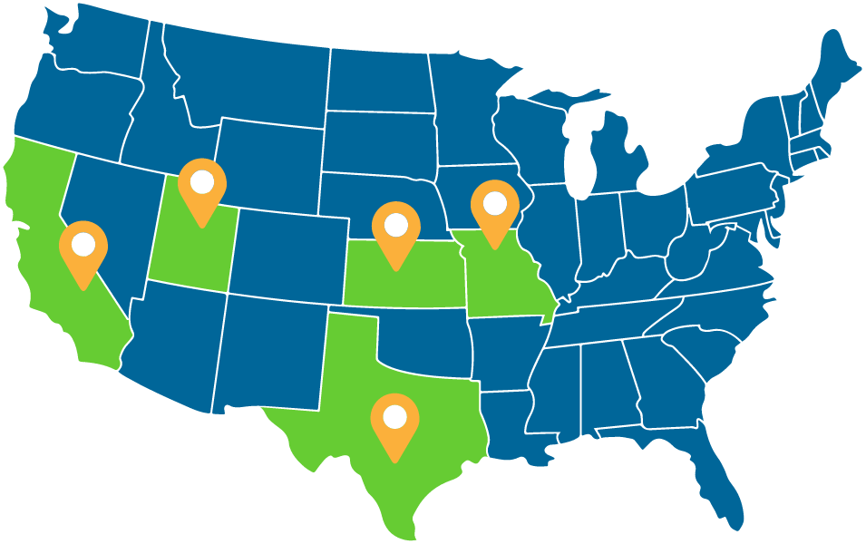 map of the US where states we serve are highlighted