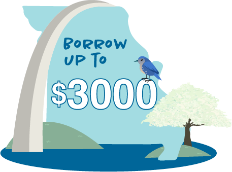 Silhouette of the State of Missouri with the words "Borrow up to $3000" in it. The St. Louis Arch crosses over the state with the eastern blue bird standing on top of the loan amount.