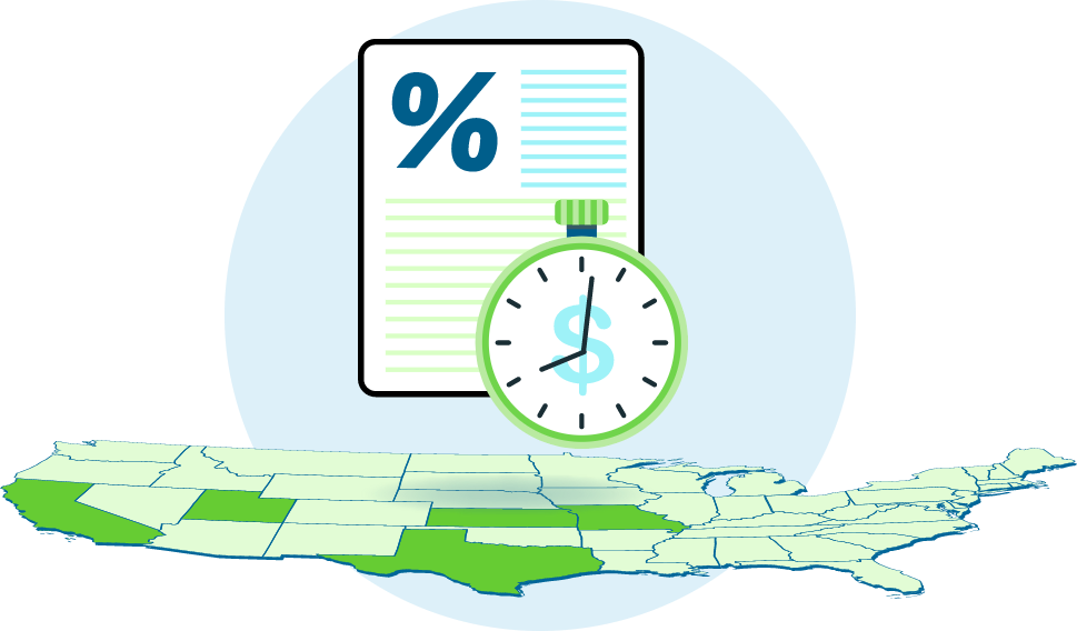 Rates and terms icon floating above map of the United States. States are filled in green where Net Pay Advance loans are available
