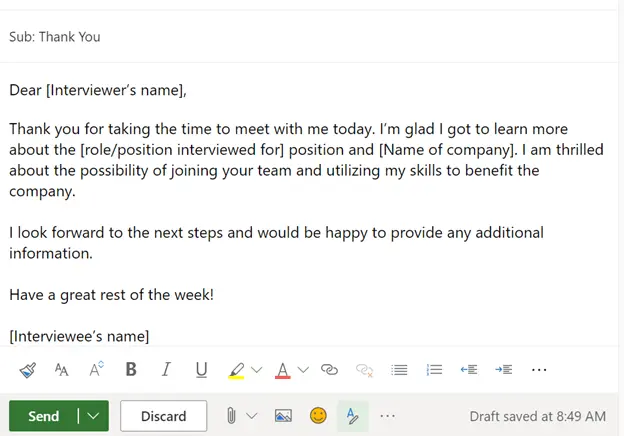 Screenshot of a potential thank you email for a job interview.