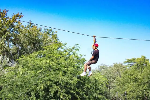 Boy zip lining over tree line