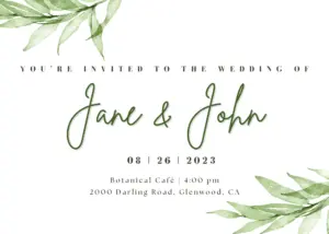 Editable free wedding invitation template with botanical details.