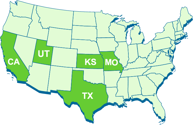 Map of United States with states highlighted where we offer services