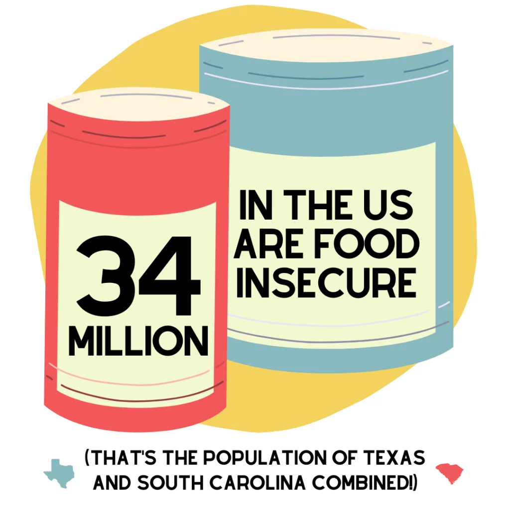 Two cans of food say “34 million in the US are food insecure.” An image of the states of Texas and South Carolina are used to show that 34 million people is equal to Texas’ and South Carolina’s entire populations added together!