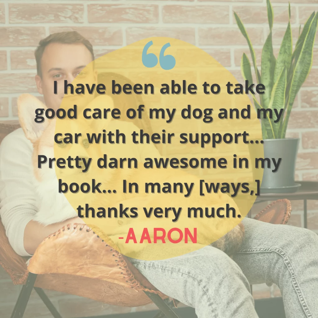 Man and dog sit in chair. In the foreground is a quote from a 5-star Net Pay Advance customer review. Aaron says “I have been able to take good care of my dog and my car with their support... Pretty darn awesome in my book... In many [ways,] thanks very much.”