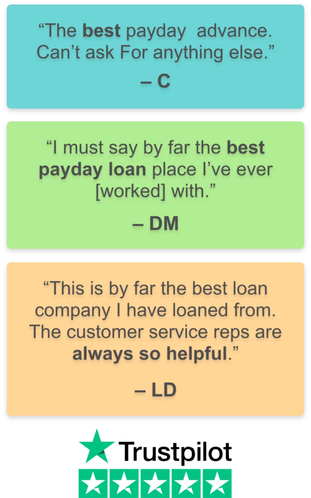 Trustpilot reviews from C that reads "The best payday advance. Can't ask for anything else." DM says "I must say by far the best payday loan place I've ever [worked] with.". LD says "This is by far the best loan company I have loaned from. The customer service reps are always so helpful."