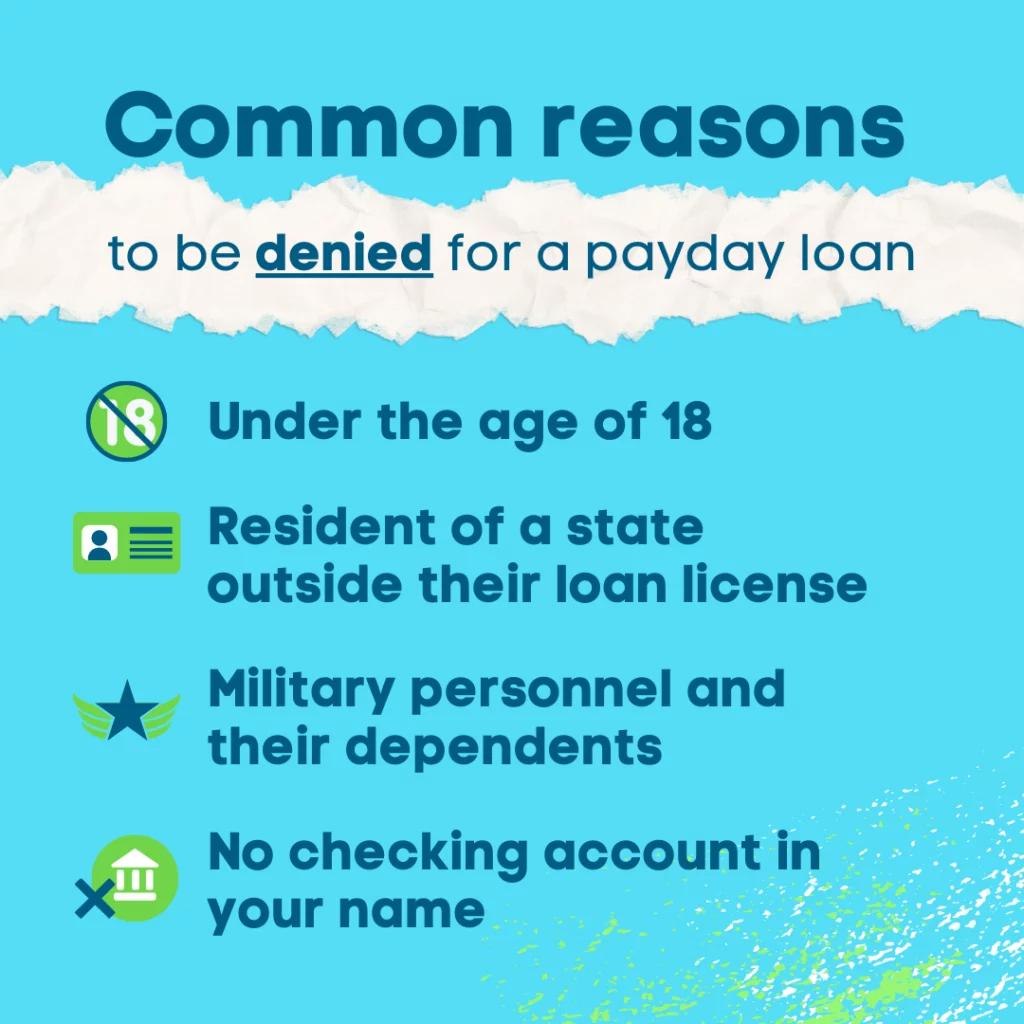 Blue background with crumpled paper explains 4 common reasons to be denied for a payday loan: under the age of 18, not a resident of a licensed state, military personnel or their dependents, or not having a checking account. 