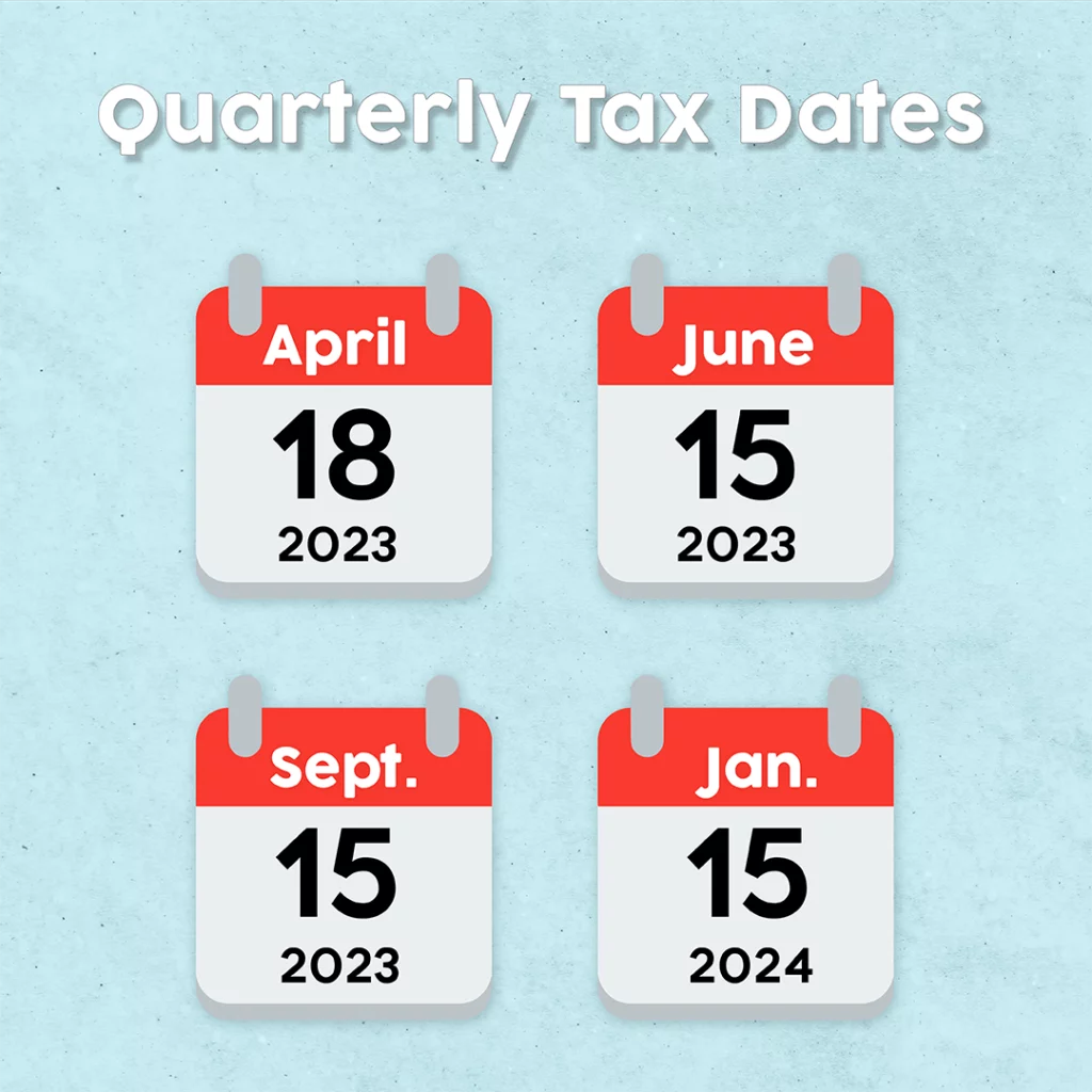 Four calendar dates displayed in an image representing quarterly tax deadlines: April 18th, June 15th, September 15th of 2023, and January 2024.