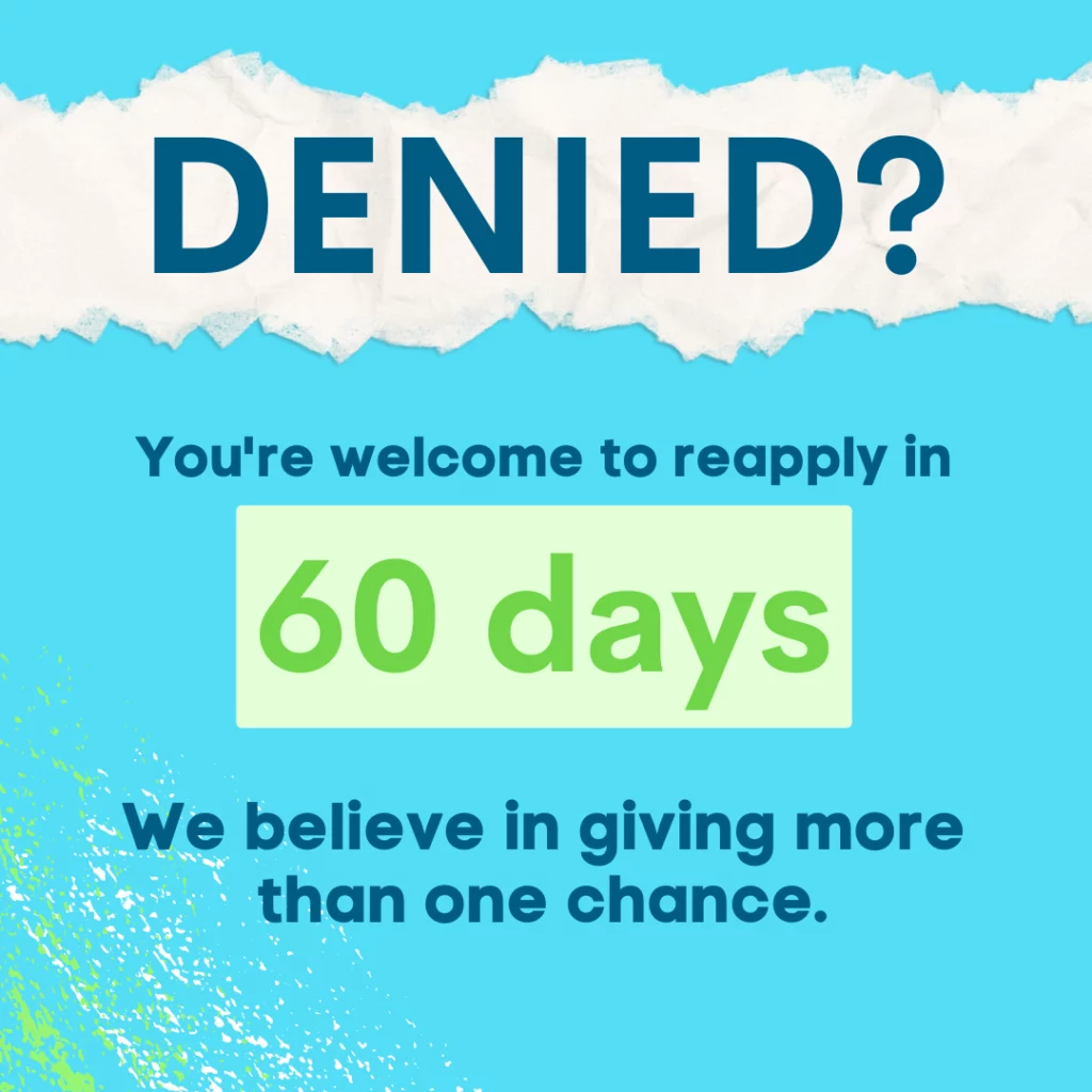 Blue background with white crumpled up paper. Image explains that if someone is denied, they’re welcome to reapply in 60 days. Online payday loans provider, Net Pay Advance, believes in giving more than one chance.