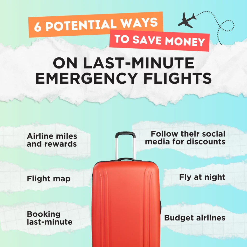 Orange suitcase with 6 ways to save money on an emergency flight hovering around it. In the background, there’s plane icon and ripped paper resembling clouds.