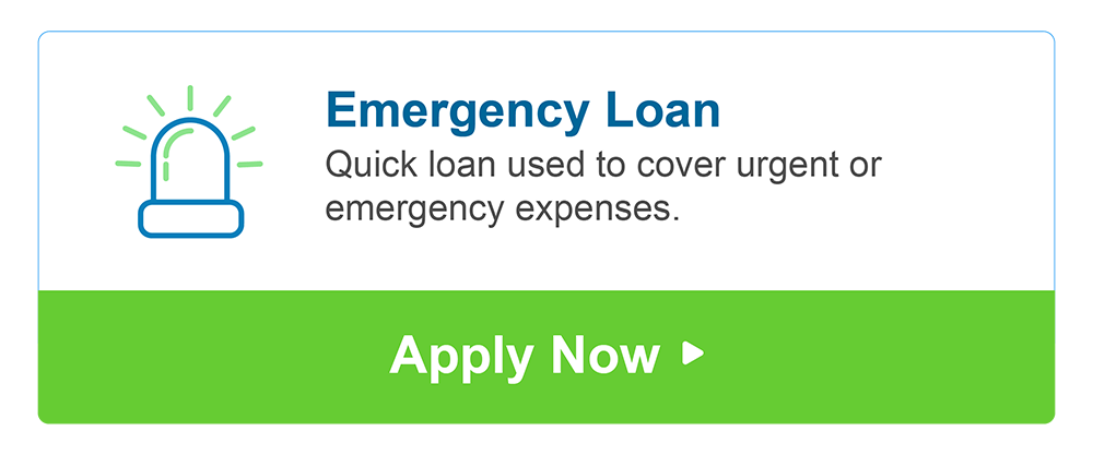 White background bears text that explains emergency loan as quick loan used to cover urgent or emergency expenses. The lower part of the graphic includes a green panel with the words ‘apply now’. A small graphic on the left shows an emergency light that is turned on.