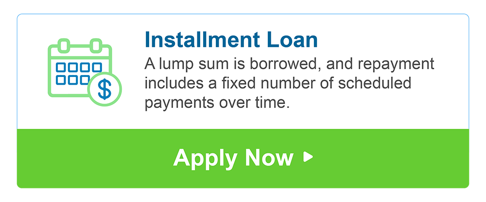 White background bears text that explains installment loan as a lump sum is borrowed and repayment includes a fixed number of scheduled payments over time. The lower part of the graphic includes a green panel with the words ‘apply now’. A small graphic on the left shows a calendar and a dollar sign in a circle, placed at the bottom-right corner of the calendar.