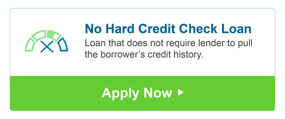 White background bears text that explains no hard credit check loan as loan that does not require the lender to pull the borrower’s credit history. The lower part of the graphic includes a green panel with the words ‘apply now’. A small graphic on the left shows a gauge chart with an X symbol under it.