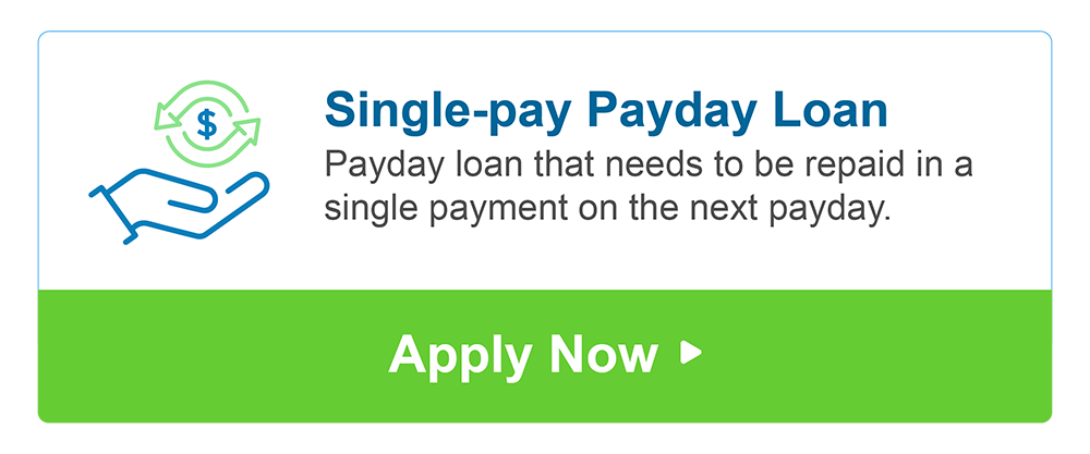 White background bears text that explains single-pay payday loan as a payday loan that needs to be repaid in a single payment on the next payday. The lower part of the graphic includes a green panel with the words ‘apply now’. A small graphic on the left shows a hand cupped under a dollar sign encircled by two arrows pointing in opposite directions.