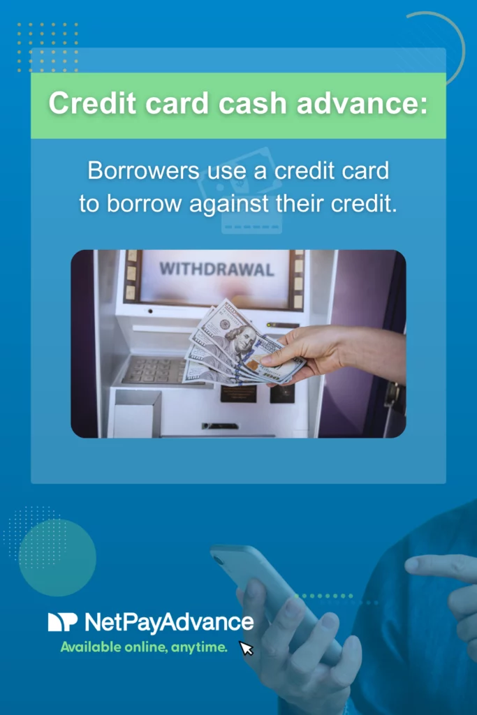 Blue background bears Net Pay Advance logo and brand name in white with these words just below in green font – Available online anytime. There is a translucent blue rectangle with a green panel at the top with the words – credit card cash advance in white font. White text below the panel says – borrowers use a credit card to borrow against their credit. Below there is an image of an ATM screen showing the word withdrawal in all caps. A hand holds four $100 dollar bills in front of the ATM keypad.