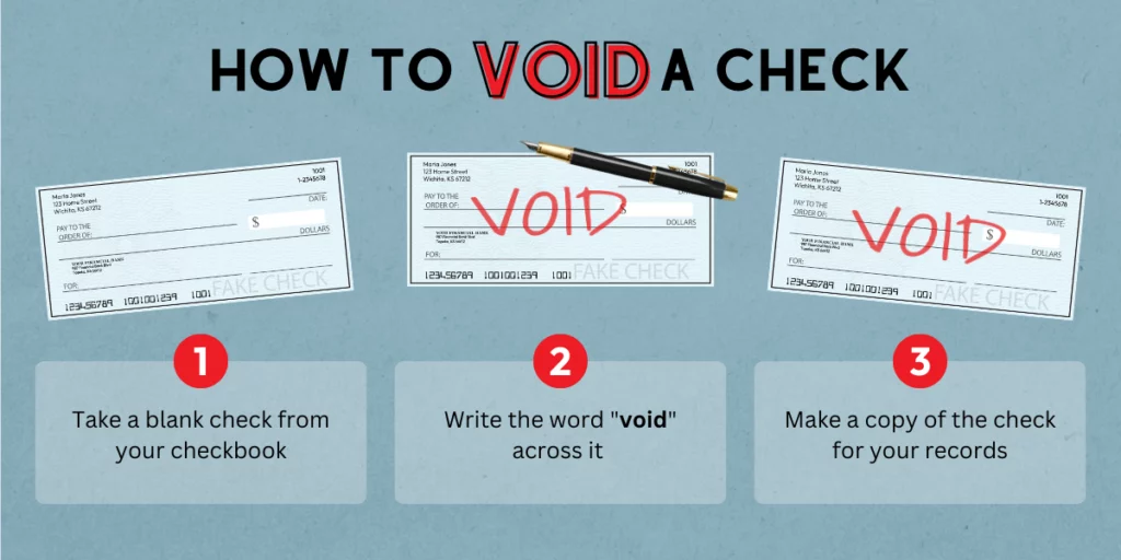 A simple three-step guide showing how to void a check. Blue background bears the words how to void a check. The word void is in red font while the others are in black. There are three images of a blank check side by side. They show the three steps to voiding a check. Step 1: Take a blank check from your checkbook. Step 2: Write the word “void” across it. An animated pen writes the word “void” in red capital letters across the second check. Step 3: Make a copy of the check for your records. Step three shows a check that bears the word “void” in all caps