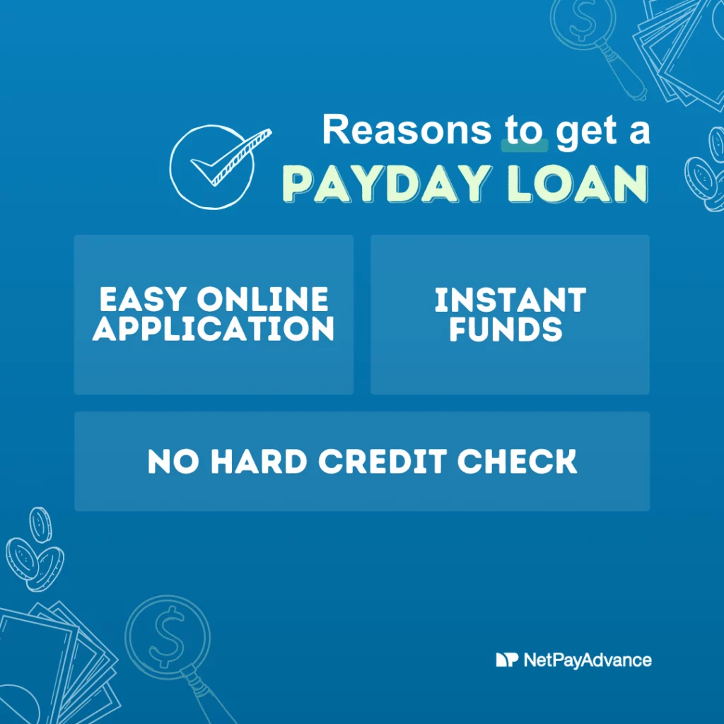 Blue background displays the Net Pay Advance brand name and logo in white. A graphic of a hollow circle with a check mark symbol on it lies on the left of white text saying – reasons to get a. The words payday loan in pale yellow text appear in all caps just below. There are three blue rectangles that bear white text in all caps. The first one says – easy application online, the second one which is right next to the first says – instant funds. The last rectangle is below the first two rectangles and says – no hard credit check. Graphics of a magnifying glass with dollar sign on the lens, coins, and currency bills are shown at the top-right and bottom-left corners.