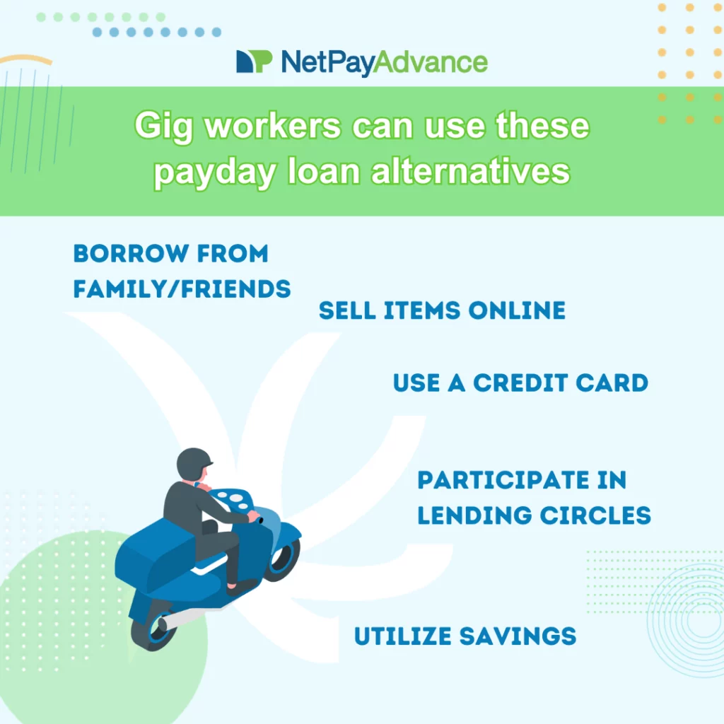 A gig worker on a blue motorbike looks at several roads that lead to payday loan alternatives they can consider. The gig worker payday loan alternatives include borrow from family/friends, sell items online, use a credit card, participate in lending circles, and utilize savings. Light blue background bears the Net Pay Advance logo and brand name at the top.