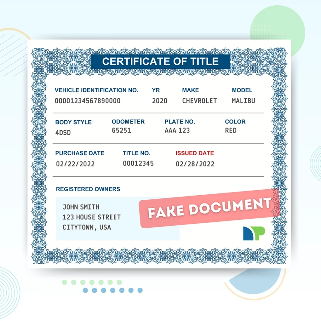 Mockup of a certificate of title for a car showing a  title in the name of “John Smith”.