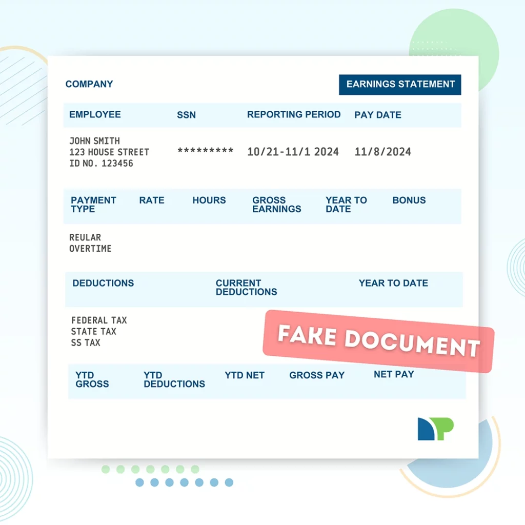 Mockup of a pay stub showing a “John Smith’s” pay stub.