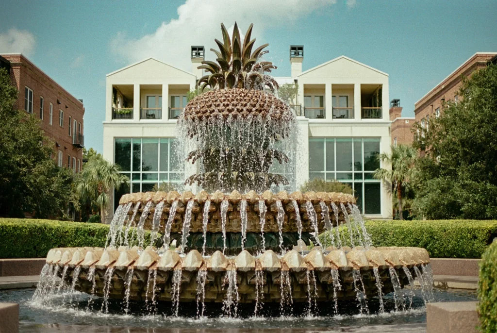 Image shows a giant pineapple-shaped fountain