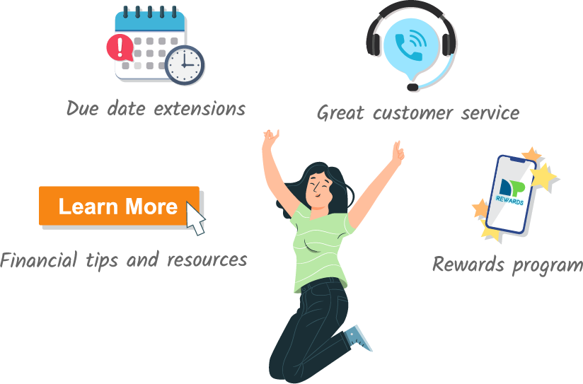 net pay perks in a arc such as financial tips and resources, due date extensions,, great customer service, and rewards program