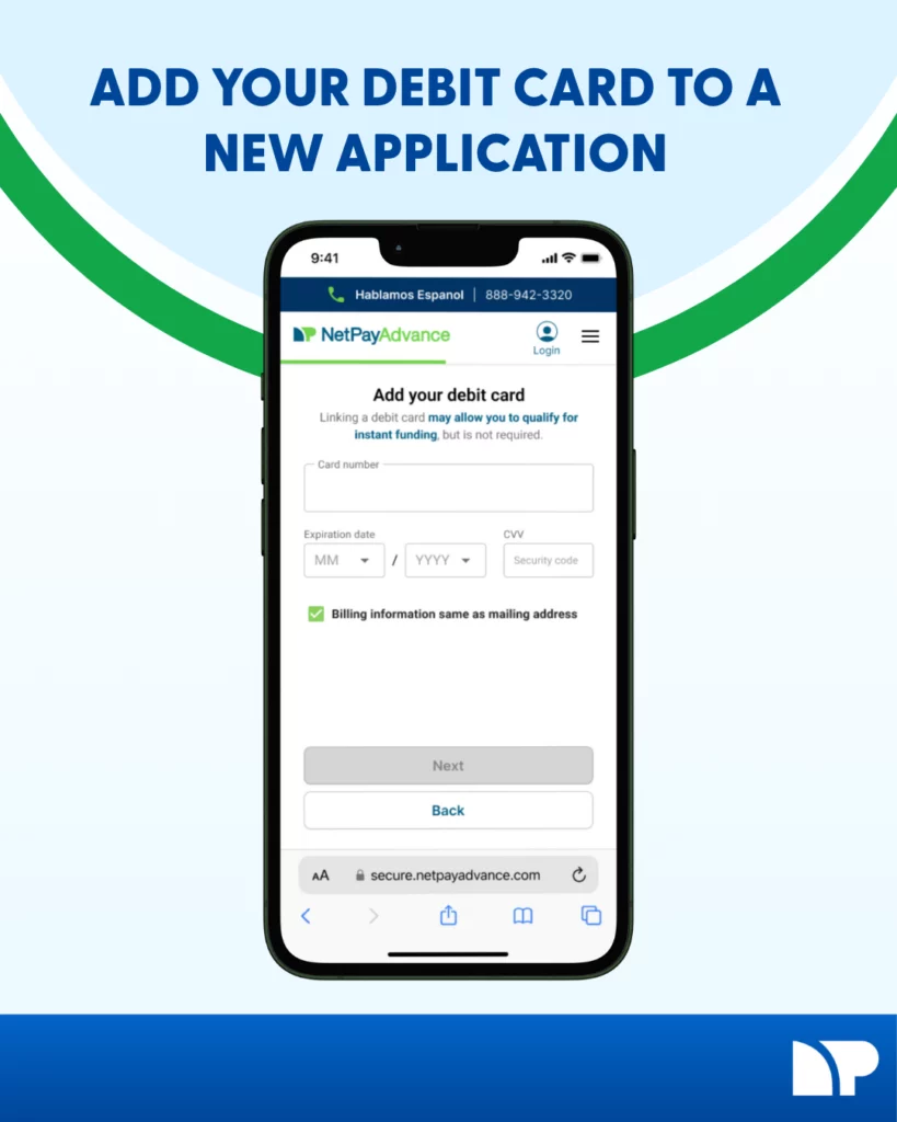 Add your debit card to a new application