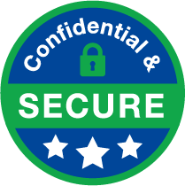 This green blue and white circular badge shows that Net Pay Advance is 'Confidential and secure'. There's a lock icon in the middle and three white stars at the bottom.