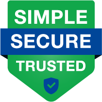 This upside down shield-shaped badge shows Net Pay Advance's three values of being a 'simple secure trusted' online payday loan provider. White text is on a blue and green background. At the bottom of the badge, there is a blue shield with a green checkmark.