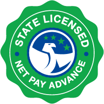 This upside down shield-shaped badge shows Net Pay Advance's three values of being a 'simple secure trusted' online payday loan provider. White text is on a blue and green background. At the bottom of the badge, there is a blue shield with a green checkmark.