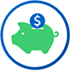 Blue money coin going into a green piggy bank
