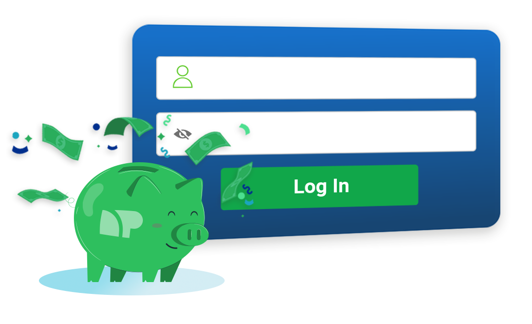 Login screen with username and password fields and a green 'Log In' button, accompanied by a smiling green piggy bank with money flying out, symbolizing savings or financial access.