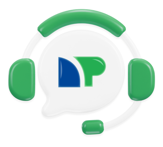 3D speech bubble with Net Pay Advance logo inside of it. Speech bubble is wearing a headset