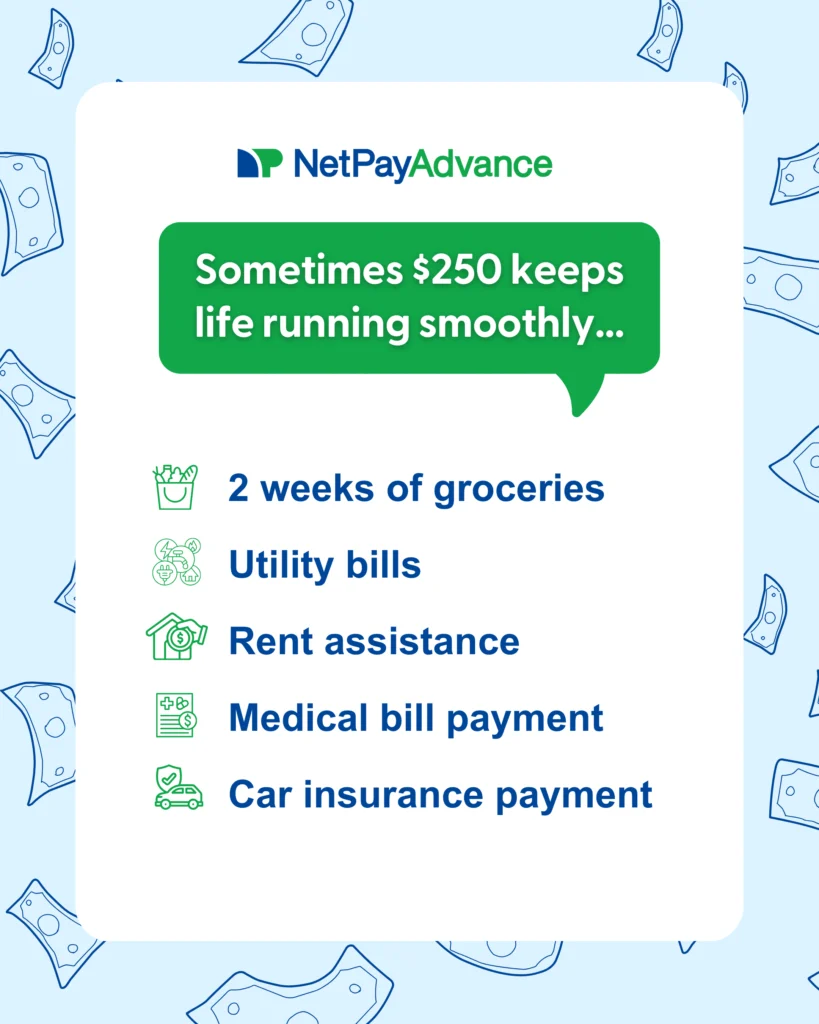 NetPayAdvance graphic with a green speech bubble reading 'Sometimes $250 keeps life running smoothly...' followed by a list: 2 weeks of groceries, Utility bills, Rent assistance, Medical bill payment, and Car insurance payment. Each item has a small green icon next to it. Background features floating money illustrations.