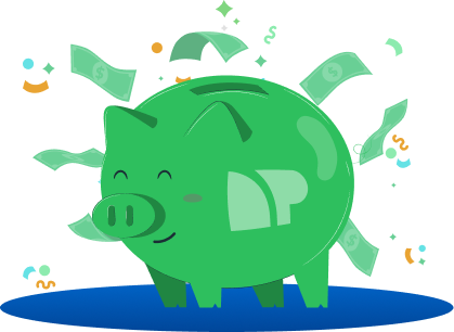 Login screen with username and password fields and a green 'Log In' button, accompanied by a smiling green piggy bank with money flying out, symbolizing savings or financial access.