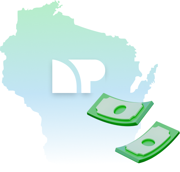 Illustration of Wisconsin with the Net Pay Advance logo and two stylized dollar bills
